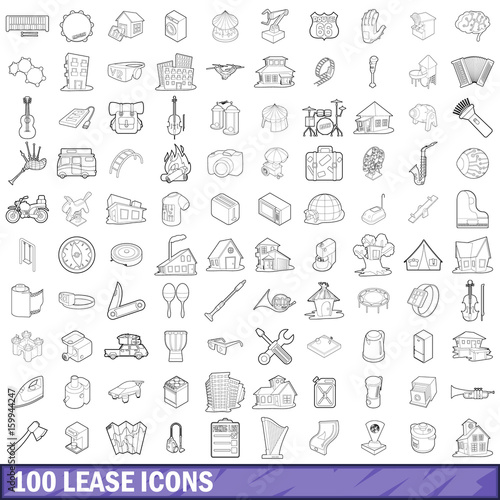 100 lease icons set, outline style