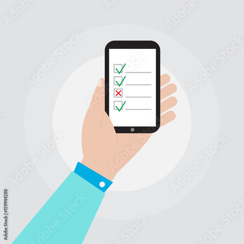 hand holding smartphone with checklist icon vector design
