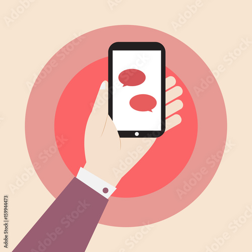 hand holding smartphone with speech balloon icon vector design