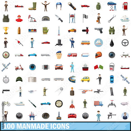 100 manmade icons set, cartoon style