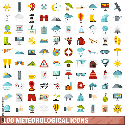 100 meteorological icons set, flat style