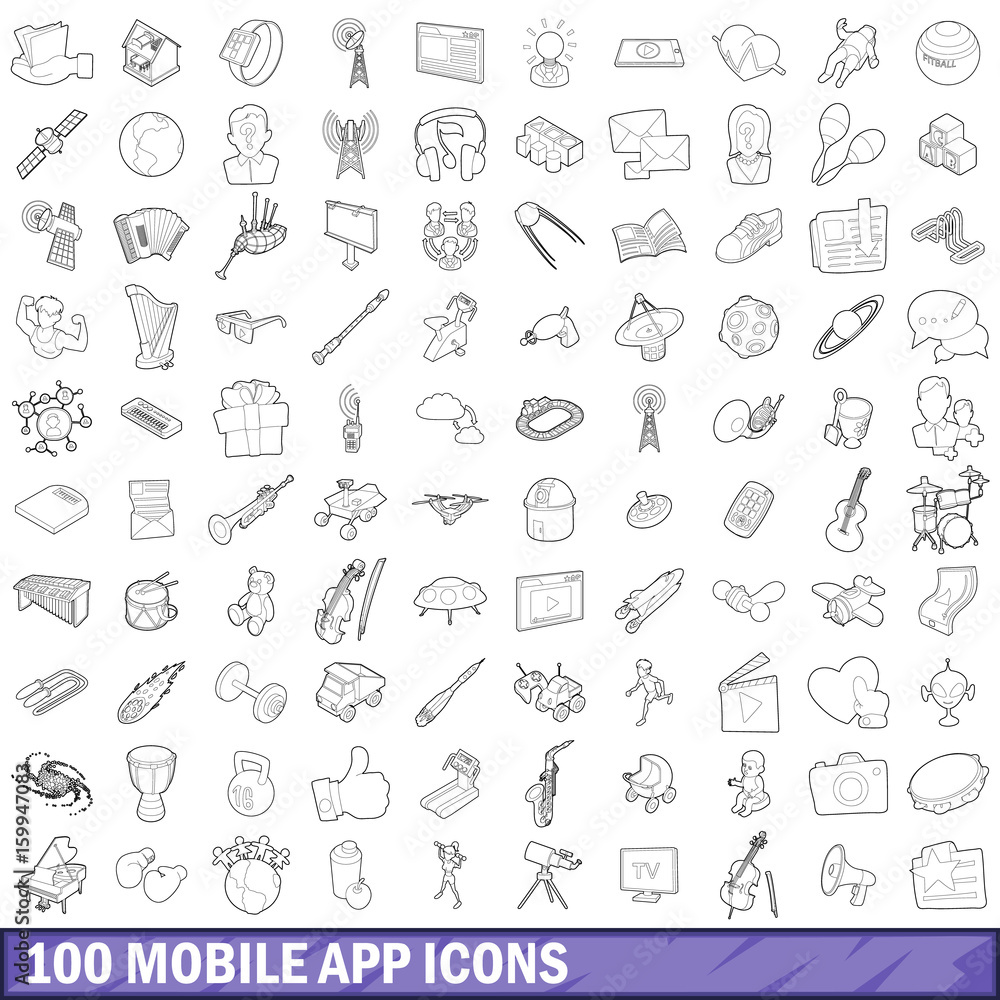 Fototapeta premium 100 mobile app icons set, outline style