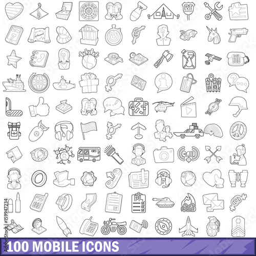 100 mobile icons set, outline style