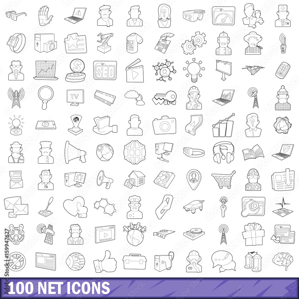 100 net icons set, outline style