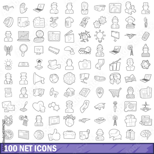 100 net icons set, outline style