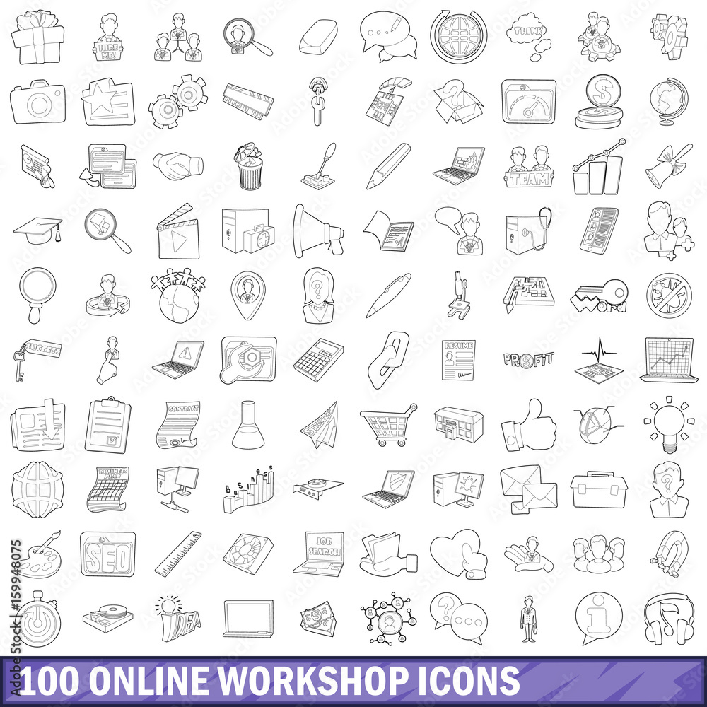 100 online workshop icons set, outline style 100 online workshop icons set, outline style
