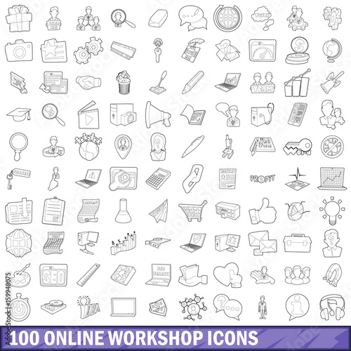 100 online workshop icons set, outline style