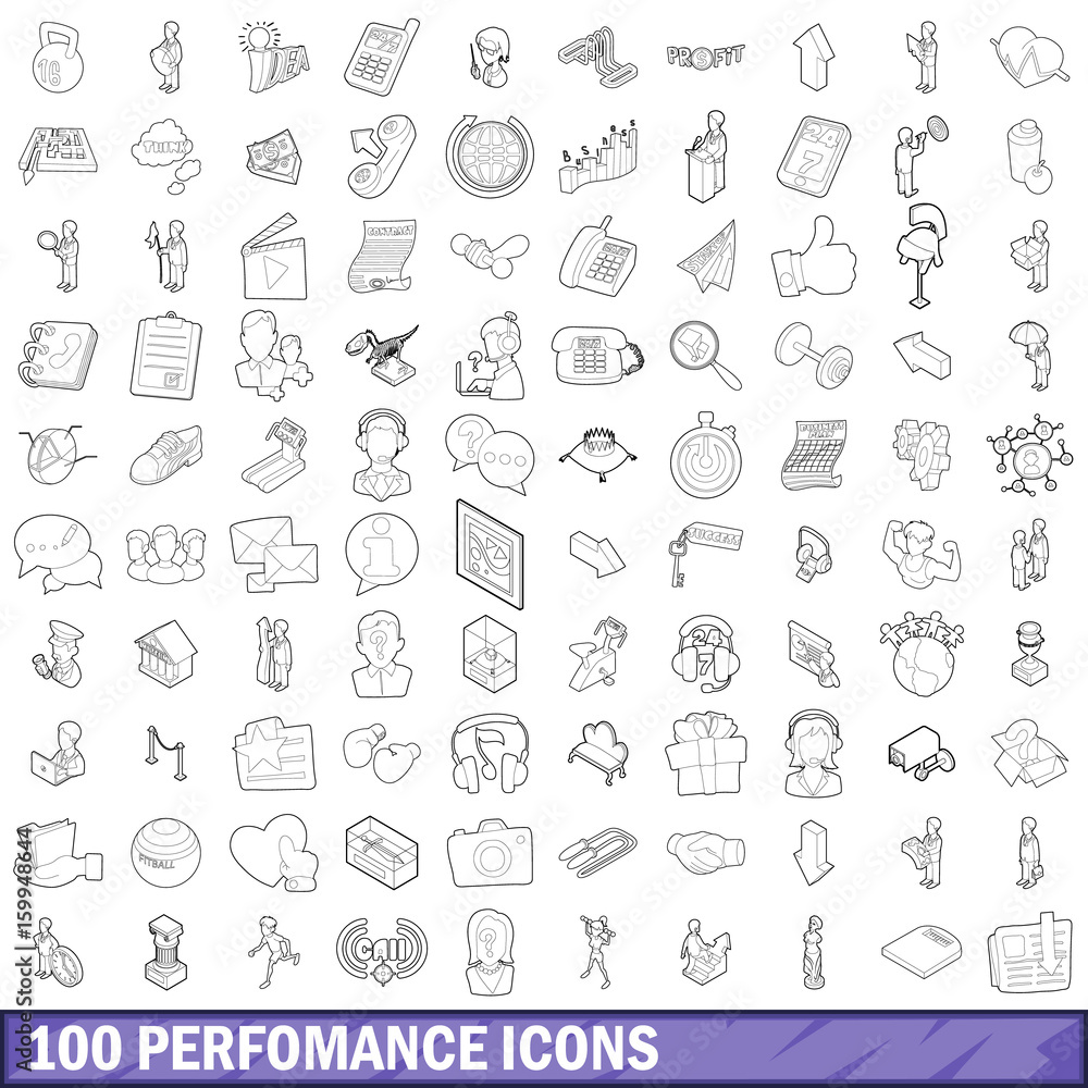 100 performance icons set, outline style 100 performance icons set, outline style