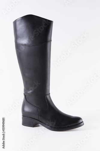 Female Black Boot on White Background, Isolated Product, Top View, Studio.