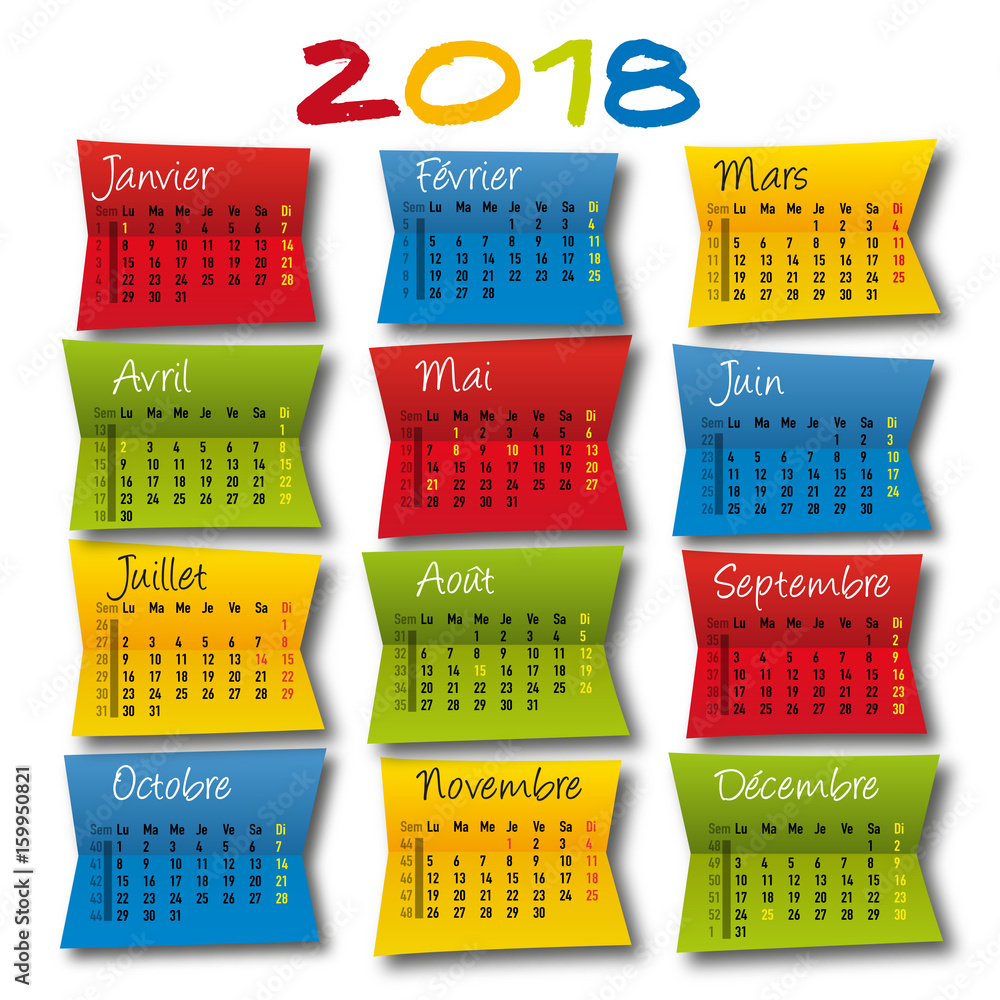 Beheer Panda toegang Stockvector calendrier 2018 - original - planning - agenda - post it -  coloré - artistique - année, | Adobe Stock