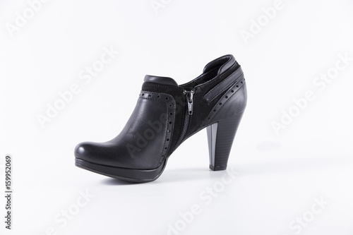 Female Black Shoe on White Background, Isolated Product, Top View, Studio.