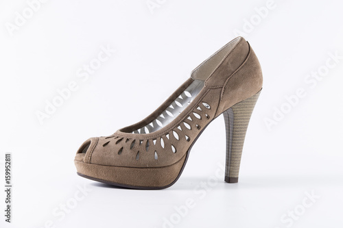 Female Brown Shoe on White Background, Isolated Product, Top View, Studio.