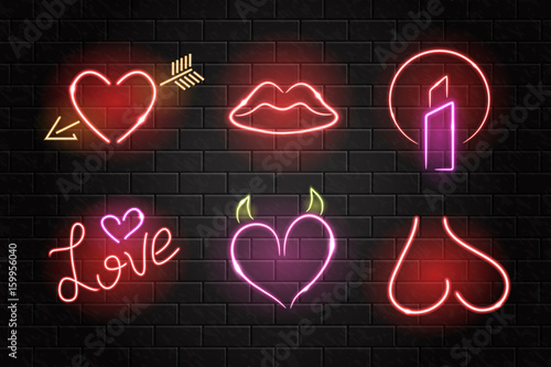 Vector collection of realistic isolated neon erotic signs for decoration on the wall background.