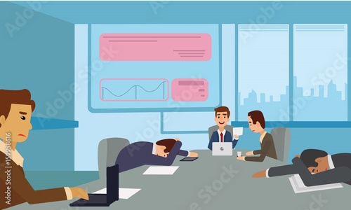 Bored and tired business team sleeping at presentation in office. Business People taking nap at conference illustration vector.