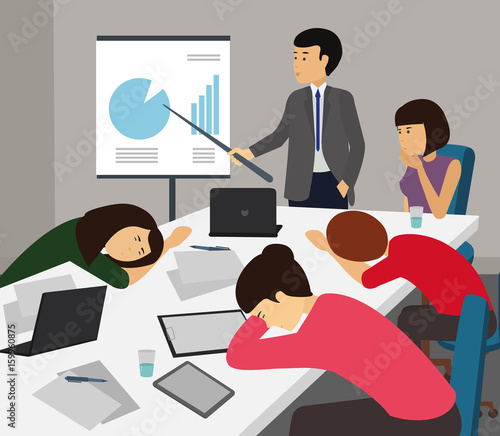Bored and tired business team sleeping at presentation in office. Business People taking nap at conference illustration vector.