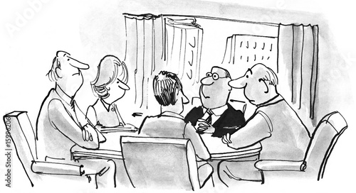 Business cartoon illustration showing five business people in a meeting. 