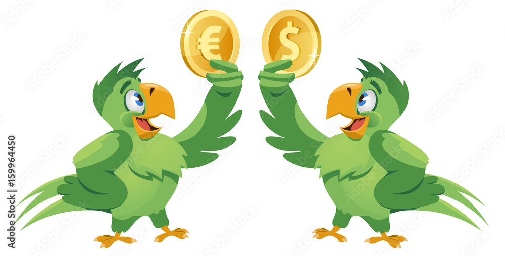 Obraz premium One parrot holding dollar symbol and another parrot holding euro symbol . Cartoon styled vector illustration. Elements is grouped. Isolated on white.