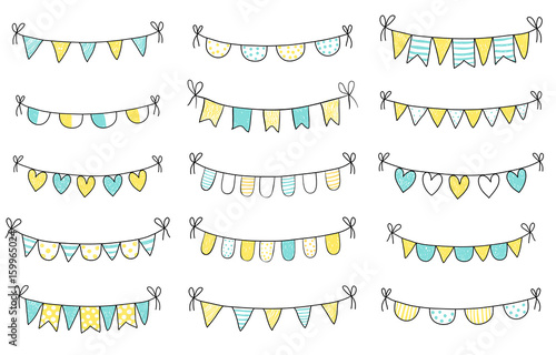 Blue, yellow and white fresh summer buntings with black outline