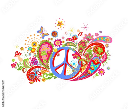 Psychedelic print with hippie peace symbol, mushrooms, colorful abstract flowers and paisley