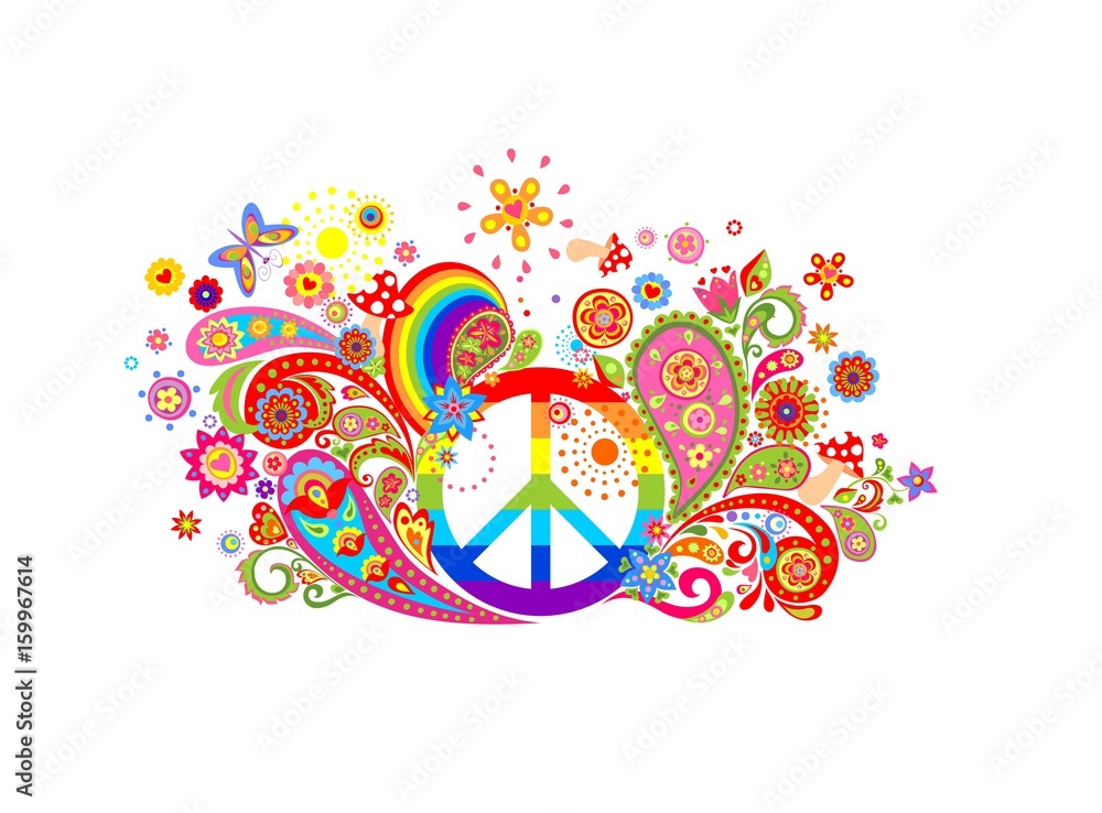 T-shirt colorful print with abstract flowers, hippie peace symbol and rainbow T-shirt colorful print with abstract flowers, hippie peace symbol and rainbow