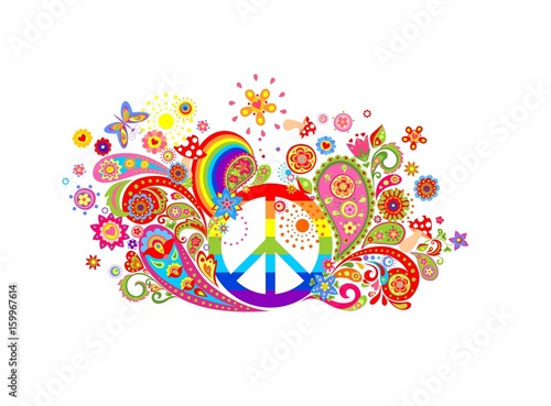 Платно T-shirt colorful print with abstract flowers, hippie peace symbol and rainbow
