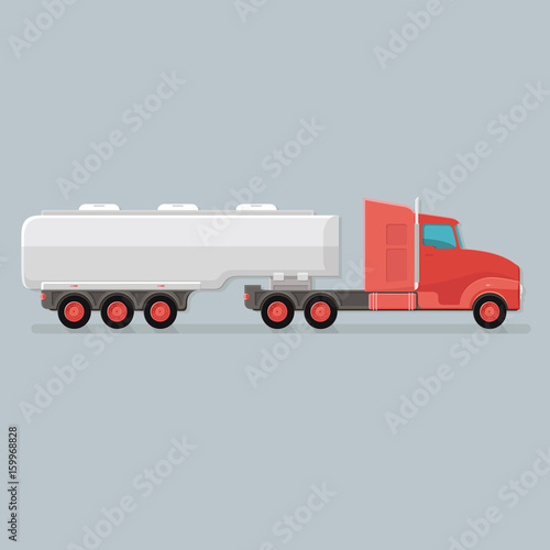 Modern petite Cargo Red Fuel Tanker Truck Trailer easy to edit vector template isolated on grey background. Delivery a large car. Flat icon illustration design photo