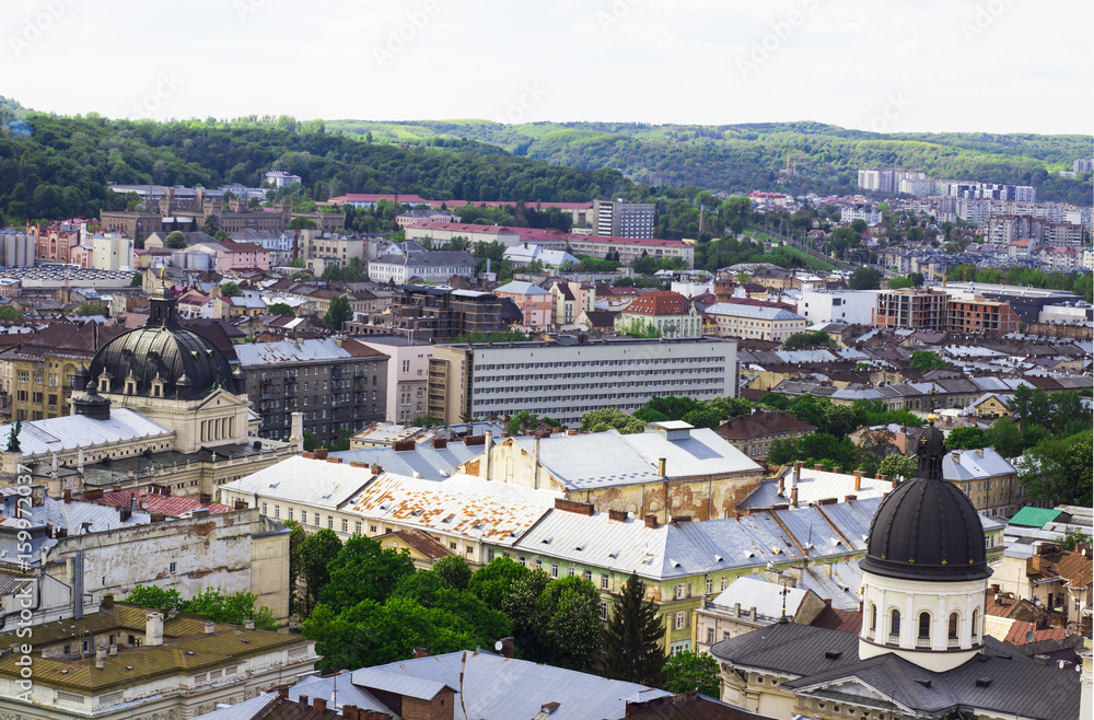 Naklejka premium City view on sunset background