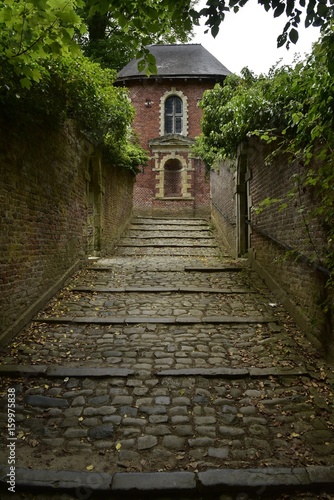 Chemin d'accès en gros pavés vers la petite chapelle du château de Gaasbeek ,près de Bruxelles © Photocolorsteph