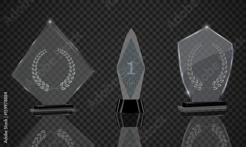three trophy, the first place, glass trophy. Vector illustration on a transparent background.