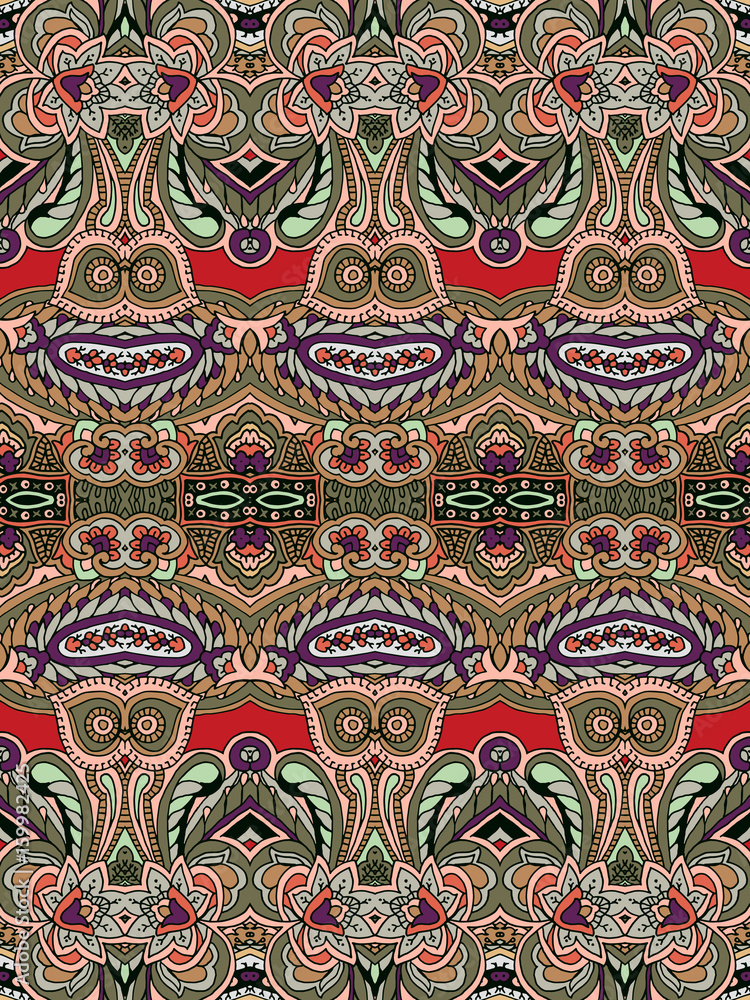 Seamless abstract geometric paisley pattern. Traditional oriental ethnic ornament, on red background. Textile design.