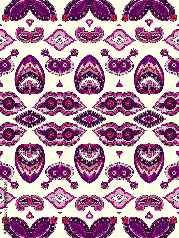 Seamless abstract geometric paisley pattern. Traditional oriental ethnic ornament, purple hues on ecru background. Textile design.