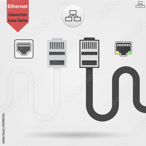 Ethernet cable and port isolated vector black and white icons, network socket icons, ethernet connector icon