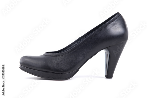 Female Black Shoe Leather on White Background, Isolated Product, Top View, Studio.