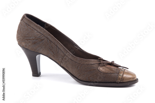 Female Brown Shoe on White Background, Isolated Product, Top View, Studio.