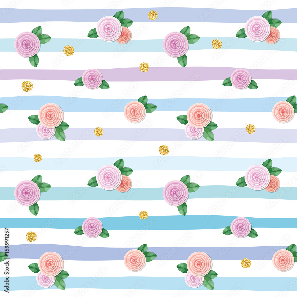 Seamless pattern with roses and gold glitter polka dots on striped background. Seamless pattern with roses and gold glitter polka dots on striped background.