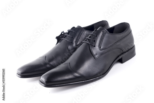 Male Black Shoes Leather Quality on White Background, Isolated Product, Top View, Studio.