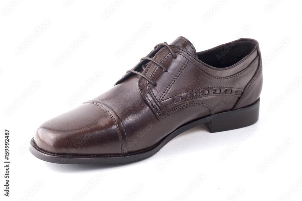 Male Brown Shoe on white Background, Isolated Product, Top View, Studio. Male Brown Shoe on white Background, Isolated Product, Top View, Studio.