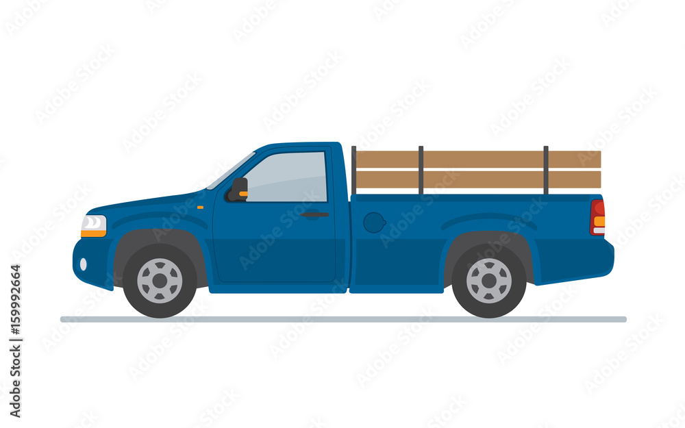 Blue pickup truck isolated on white background. Flat style, vector illustration.
Blue pickup truck isolated on white background. Flat style, vector illustration.