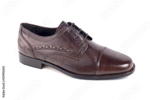 Male Brown Shoe on white Background, Isolated Product, Top View, Studio.