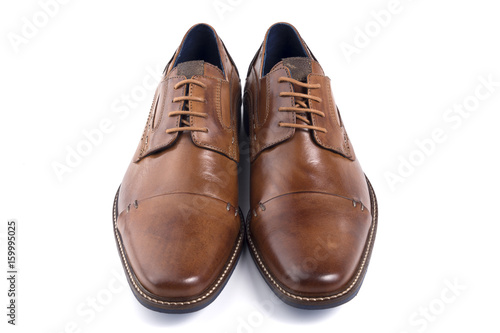 Male Brown Shoe Leather on White Background, Isolated Product, Top View, Studio.