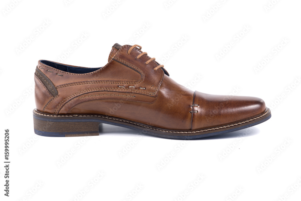 Male Brown Shoe Leather on White Background, Isolated Product, Top View, Studio. Male Brown Shoe Leather on White Background, Isolated Product, Top View, Studio.