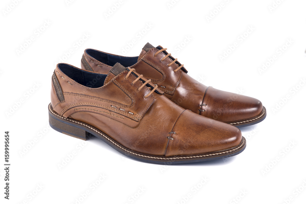 Male Brown Shoe Leather on White Background, Isolated Product, Top View, Studio. Male Brown Shoe Leather on White Background, Isolated Product, Top View, Studio.