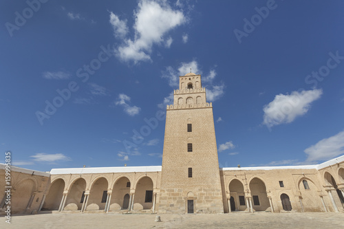 Courtyard and minaret of the Great Mosque in Kairouan, Tunisia