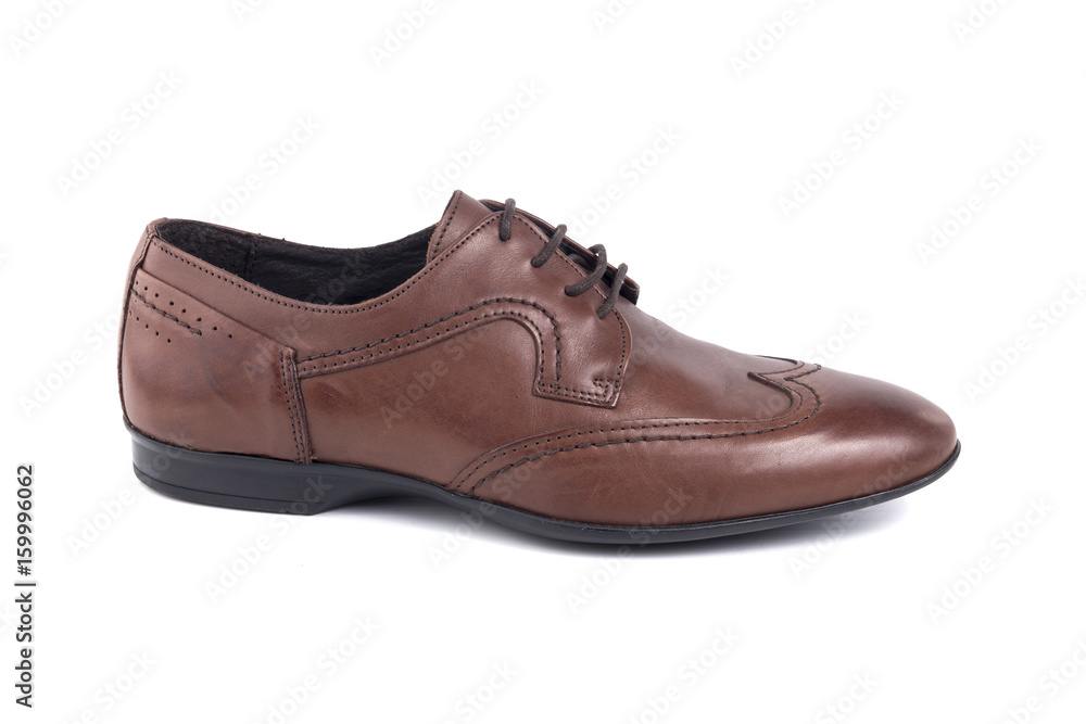 Male Brown Shoe Leather on White Background, Isolated Product, Top View, Studio. Male Brown Shoe Leather on White Background, Isolated Product, Top View, Studio.