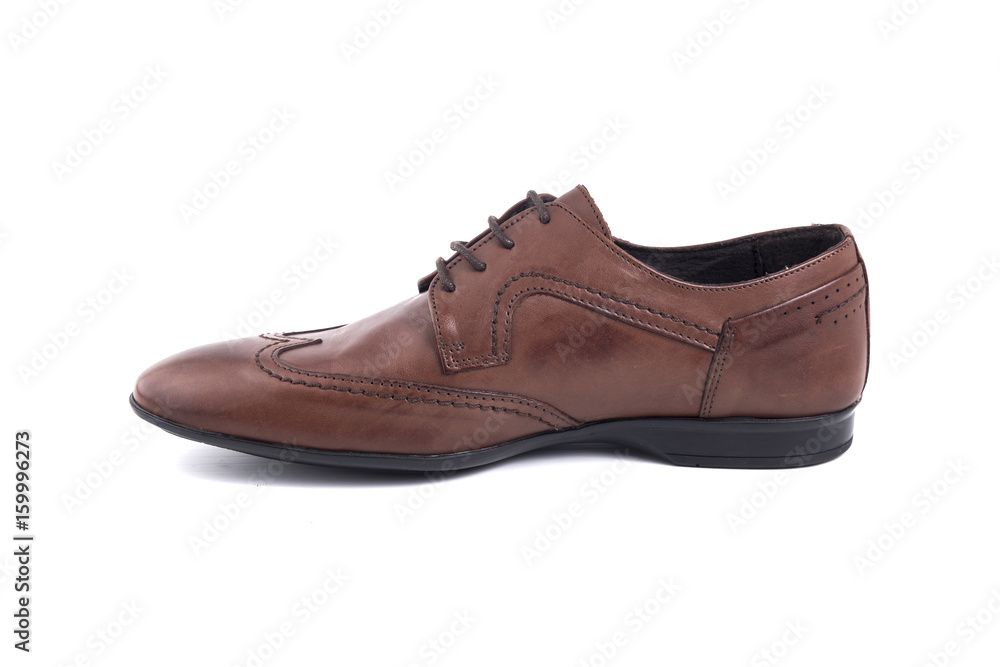 Male Brown Shoe Leather on White Background, Isolated Product, Top View, Studio. Male Brown Shoe Leather on White Background, Isolated Product, Top View, Studio.