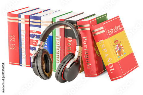 Headphones and language books, learning concept. 3D rendering