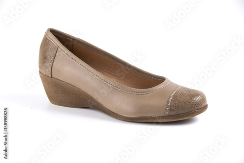 Female Brown Shoe Leather on Black Background, Isolated Product, Top View, Studio.