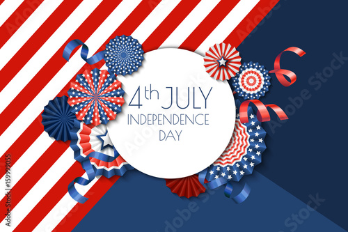 4th of July, USA Independence Day vector banner template.. Color background with paper stars in USA flag colors. Material design for greeting card, flyer layout, poster.