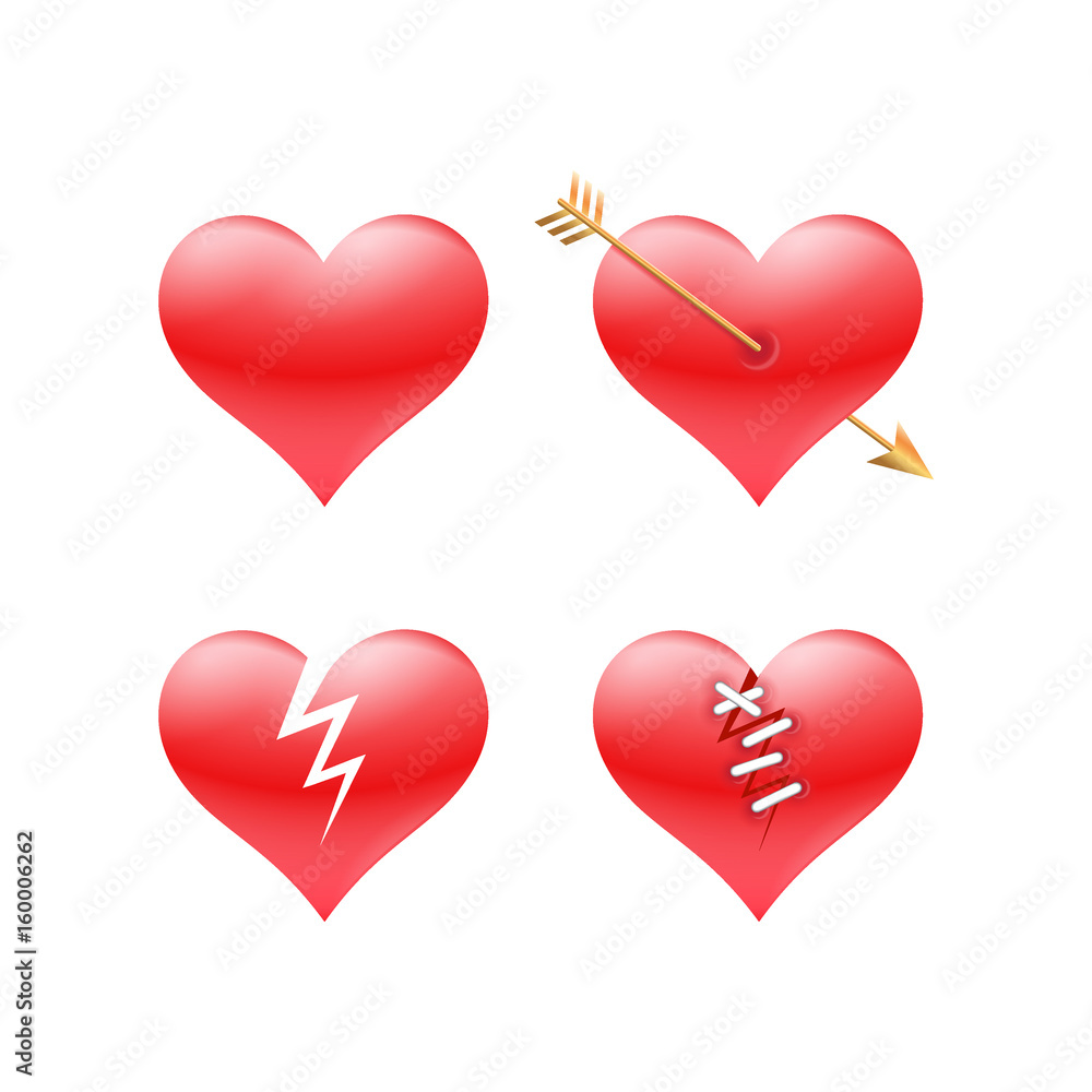 Set of red valentine hearts. Isolated on white background.