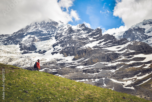 Hiking in the beautiful landscape of Swiss Alps. Panoramic view. Switzerland, Europe
